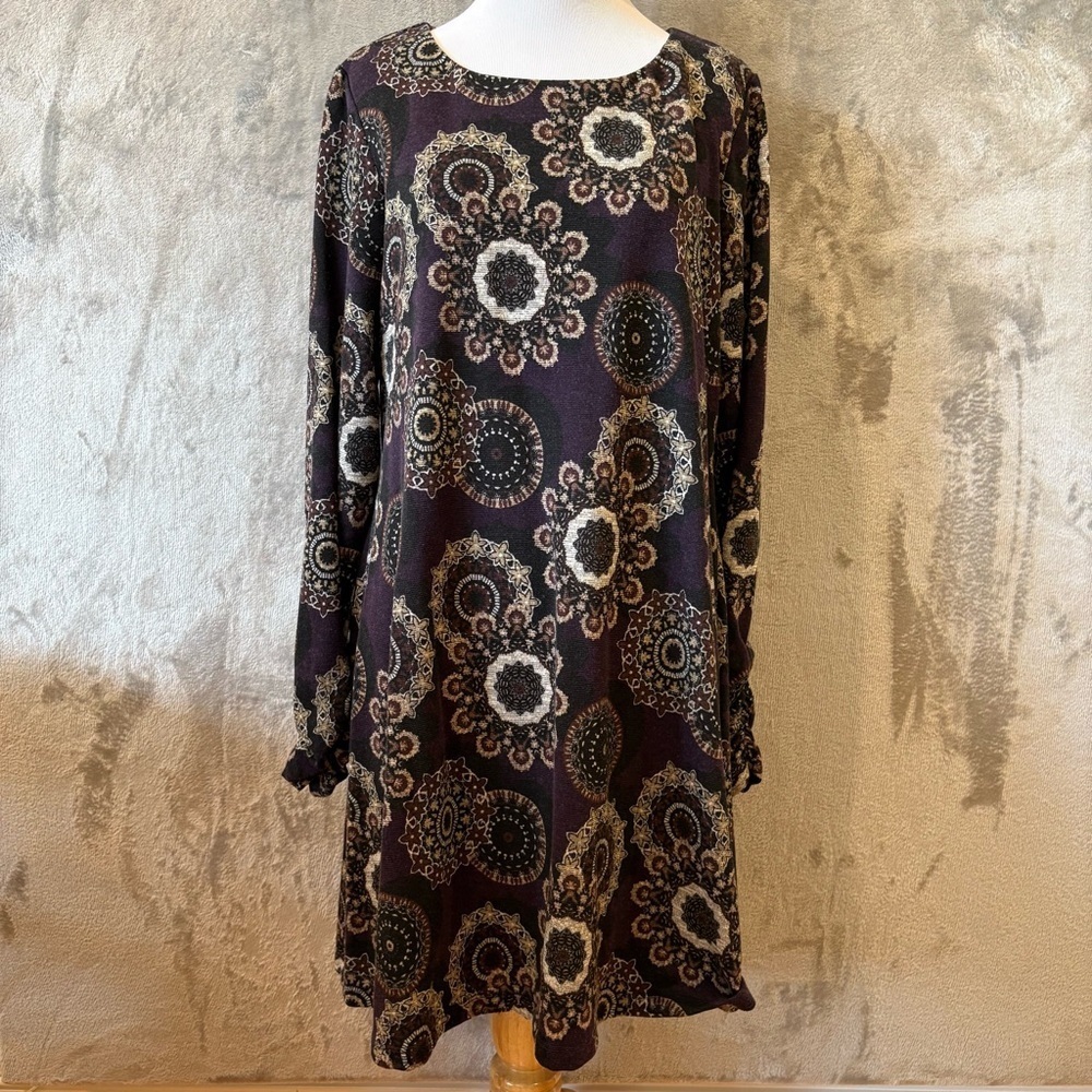 Floral Stretch Bohemian Cozy Patterned Long Sleeve Ruched Dress Sz 8